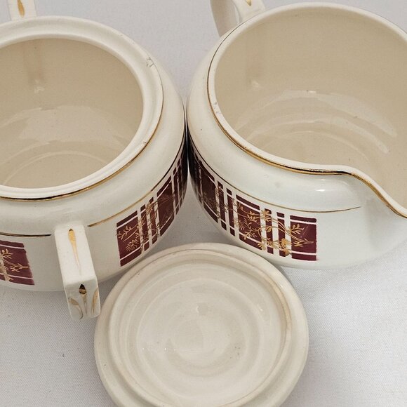 Homer Laughlin Piccadilly Creamer Sugar Stacking Set vtg red plaid gold floral - Picture 6 of 11